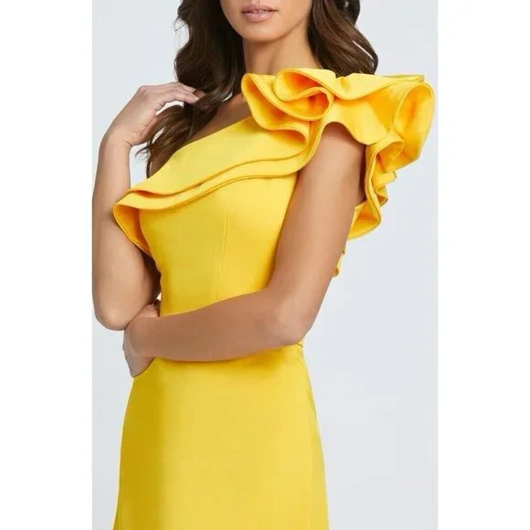 Mac Duggal Size 0 Yellow One Shoulder Ruffle Mini Sheath Cocktail Dress New - Picture 5 of 12